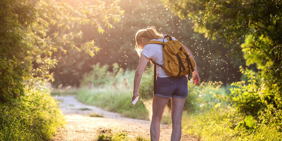 A woman in shorts and a T-shirt applies insect repellent to her leg during a hike in the woods.