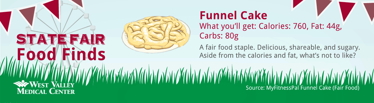 Funnel Cake. Calories: 760. Fat: 44g. Carbs: 80g.